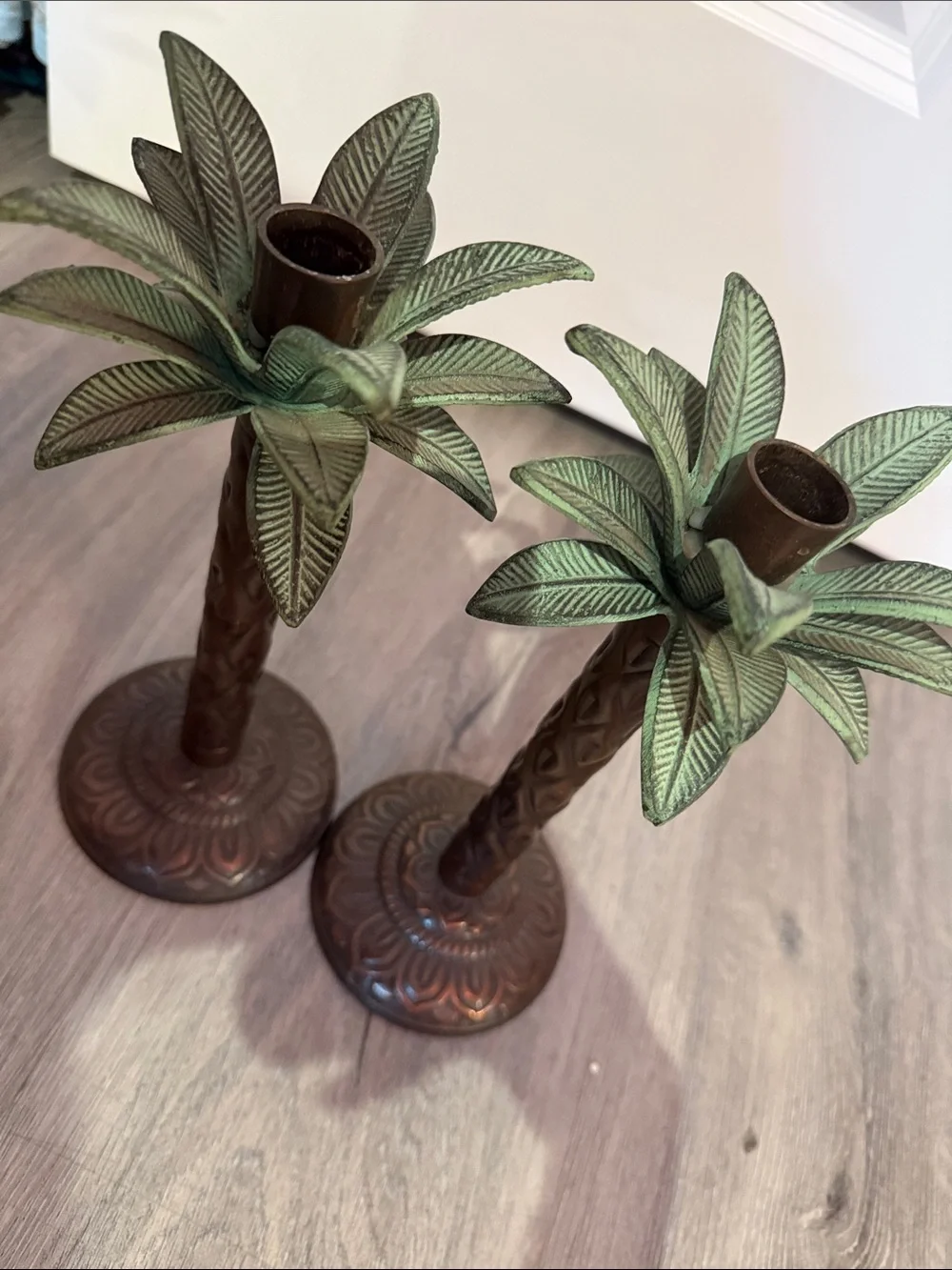 Vintage Pair Metal Palm Tree Candlestick Holders | Hollywood Regency Tiki 💕